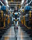 Placeholder: A length image full body photography cinematography colors a beautiful woman long hair humanoid robot ,she walk in between two rows of complex machinery with vibrant colors