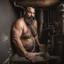 Placeholder: full figure shot photography, ugly wet arab beefy plumber repairs boiler, burly, shirtless, hairy allover, manly chest, long beard, 42 years old, dressed in broken dirty boxer, big thighs, seen from below, frontal view, ambient occlusion, side light