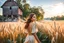 Placeholder: wide angle shot of golden wheat field next to river ,a watermill on river, a beautiful girl in pretty long dress walking in