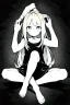 Placeholder: little blonde girl on her knees holding her hands on her head, grayscale