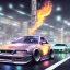 Placeholder: volumetric japan city environment and background, realistic illustration and highly detailed digital painting of illegal street drifting, ghost flames, inside a vibrant city, underground jdm scene, d1 grand prix, nissan, mitsubishi, otaku, neon, toyota, honda, subaru, highly detailed, money, high contrast, realistic shaded volumetric lighting, 8k, tokyo drift, reflective ground, octane render, smoke, burnout, vitality colours, colorful, uhd, blue fires, dk, hooning manga art by sam curry