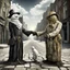 Placeholder: sinister weirdcore, Snowman vs Scarecrow, Snowman shaking hands with a scarecrow in middle of city street in the summer, by Ben Goossens, mind-bending hyperrealism, weirdcore, something strange about to happen, sunny day natural lighting, by Joel-Peter Witkin