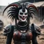 Placeholder: Goth Japanese demonic alien xenomorph clown woman smiles, ready to fight, in dust, rust and blood, her body is covered with cartridge belts