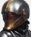 Placeholder: metallic robotic warrior helmet portrait, samurai style, shiny, glass cover, holographic eyes