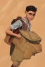 Placeholder: A Palestinian child carries on his shoulders a large bag with windows and doors