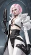 Placeholder: A close picture to white blind vampire with white and pink short hair, slave, Tusks, malicious smile, Handcuffs, Weapon handcuffs in dreamshaper finetuned model with dynamic art style witg