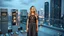 Placeholder: very beautiful model lady with makeup and beautiful modern fashion midi pleated velvet dark silver lace skirt with lace edges and modern loose lace top with a loose over, curvy silver long hair, standing in a modern city open satge with 8 cubic mirrors(each with 4 equal hight and equal width, vertical mirror), each vertical on its own short rotating base. with some small lights on crystal frames, on roof of a skyscraper with city escape at background, with animating dynamic lights with high