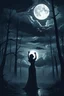 Placeholder: spooky, scary}, woods, night, a beautiful women holding a baby with her both hand up to the sky , a full moon dark theme , stormy clouds