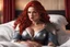 Placeholder: Subject & Action: A photorealistic portrait of Red Sonja. She is sitting up in a large hotel bed, actively awakening from a heavy sleep. Her face shows deep disorientation and subtle furrowed confusion as she glances down at her unfamiliar attire. Her iconic wild, crimson hair cascades messily over her shoulders and onto the sheets. Attire & Details: She is not in armor, but wearing an elegant, deep burgundy (oxblood red) silk slip dress with delicate black lace trim at the bust and hem. The dr