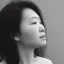 Placeholder: moody charcoal side profile portrait of an asian woman in her 30s, side on profile, charcoal portrait studio, artistic black and white profile portrait, delicate, highly detailed, chiaroscuro, beautiful composition, delicate arrangement, aesthetic, soft lighting, tender