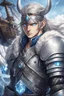 Placeholder: warrior in anime style, with blue eyes wearing silver Vikings armor with a blue crystal on his chest with a battle axe on the pirate ship, anime, anime style