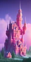 Placeholder: Ice cube shaped castle. pink houses, pink sky, pink smoke, trees, outdoors. street.