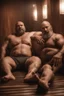 Placeholder: full body shot photography, two muscular chubby ugly burly marocan men , sweat, bulge, masculine hairy 45 year old man, bald, manly chest, curly beard ,big shoulders, big arms, big legs, bulge,, ambient occlusion , lying down sleeping in a steamy Sauna, super high resolution, 8k, dim light, side light, ultra hyper realistic, frontal view