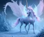 Placeholder: surreal illustration of a colors unicorn on princes frozen ground, realistic, surrealism, surreal unicorn with glowing wings, glowing soft and smooth wings, shadow, abstract surreal fantasy art, highly detailed, intricate patterns on wings, soft studio lighting, smooth dark blue background 64k