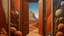 Placeholder: Surrealist painting depicting a landscape seen through a wide door. The door is in a thick, textured wall in reddish and brown tones, which occupies a significant portion of the composition. In the foreground, just beyond the door, is a collection of organic, rounded shapes that resemble rocks or even biological structures. These shapes are grouped together, creating a sense of depth and texture. They are colored in tones with subtle shading variations that suggest a soft, almost fleshy texture.
