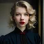 Placeholder: Young lady with short wavy blonde hair and bright lipstick in black historical clothing