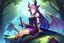 Placeholder: House, forest, girl , purple hair, dragon tail, dragon horns, sit, dragon ear , have sword, big