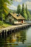 Placeholder: english cottage, lake front, dock, daytime, painting