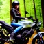 Placeholder: Very attractive woman sitting on a motorcycle. The bike is Yamaha. In the background is a forest. Realistic details. Photorealistic. 4K. Wide-angle lens.