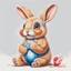 Placeholder: Picture, drawn with colored pencils, in the style of hyperrealistic animal illustrations, light amber and red, cartoon cute bunny with big eyes and long eyelashes, sitting with a pacifier in his mouth, wearing blue shorts, white background only