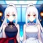 Placeholder: Clear focus, 8k, beautiful lighting, vibrant colors, girl, white hair, long hair, vibrant red eye, ponytail, same twins, white hair, blue eye, same clothes, blue eye, red eye,