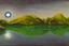 Placeholder: Alien landscape with one grey exoplanet in the horizon, pond, water reflection, rocky landscape, sci-fi, tendency to impressionism, realistic painting