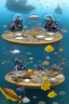 Placeholder: 2 divers in full gear sitting at a round table having tea, the table is on the bottom of the dried out ocean, no water, around them are shattered dead fish, dead starfish, ship reck, 8 k realistic