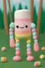 Placeholder: A rainbow marshmallow that has arms and legs and is in a green field with trees made of candy.