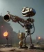 Placeholder: happy mechanoid person playing jazz with a steampunk theme, realistic