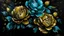 Placeholder: painting of turquise Peonies flowers with gold flowers in center of canvas black background