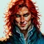 Placeholder: dnd, fantasy, watercolour, stylistic, portrait, illustration, dull colours, male, face, green eyes, determined, happy, red hair, very long hair, radiating light, five o'clock shadow