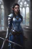 Placeholder: female elf, dark eyes, dark hair, beautiful, standing, near window, blue and white leather armor, rapier, photorealism