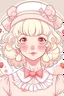 Placeholder: a Pale girl with short curly blond hair freckles a pink maid dress strawberry beret and blush in a soft 2D style