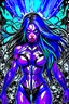 Placeholder: super pretty young woman, good body, very big bub, blue long haired, black "venom" costume, white spider chest costume, black cosplay, purple details, complete costume, mask, female stylized, woman lines, "Venom from Marvel" design inspiration, darknight sky background, intrincate details, high a.i. perseption, nano tecnology, lights, high quality picture, renderizing, front view angle.