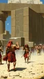 Placeholder: Bosch painting style giant strong warriors have muscles carrying a big cubicle stones along with slaves building the Egyption paramount