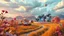 Placeholder: Dynamic cifi country side ,hypnotic of 3D structures Symmetry twisting and morphing between cifi plants , cifi flowers and metal geometric 3d structures buildings ,cifi cars, and an open cifi stage with a beautiful lady dancer in stage,a future pretty lady singer presenting in a big tv screen her art performance in it,smooth translucent iridescent glass with inner glow and bubbles, varied transparent materials, stormy skies, intense dramatic