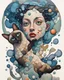 Placeholder: Abstract biomorphic mixed-media painting of woman with Siamese ca, caught in a dynamic off-balance pose inside [SCENERY]. Build the figures from irregular floating shape-cells, softly warped anatomy, oversized curious eyes, rounded mask-like faces, playful distorted proportions, and interlocking organic fragments that feel hand-cut and reassembled. Use pastels with translucent alcohol-ink blooms, watery pigment stains, dry watercolor edges, milky gradients, saturat