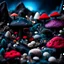 Placeholder: Close-up photograph of a spooky dark landscape made of felt, animals, fungi, crystals, mineral concretions, extreme detail, intricate, colours, Tim Burton, rich moody colors, sparkles, bokeh, 33mm photography