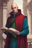 Placeholder: young adult man, bald with blue eyes, green renaissance clothes, red vest, blue cloak, reading a scroll, standing in a balcony, comicbook art style