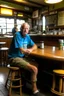 Placeholder: bAn innkeeper waits tables in a surfers' pub