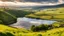 Placeholder: View in the Yorkshire Dales with beautiful clouds, late afternoon sunshine, stone walls, hills and valleys, river, calm, peaceful, tranquil