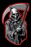 Placeholder: Grim-Reaper gripping scythe and pointing like uncle sam, vignette, black and white vector with a red outline, and black background, biker style