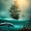 Placeholder: beach with ship wreck, birds and dolphins, water, reflection, movie poster, fantasy art, misty