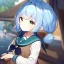 Placeholder: Clear focus, High resolution, short light blue hair, low twintails behind head, ribbion on twintail, straight long locks, green eyes, wearing a sailor uniform, wearing a sailor skirt, wearing a brown vest, cute, 1girl