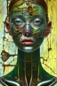 Placeholder: an abstract painting of glass, by lucian freud and klimpt, rust, scaffolding, iron cladding, mixed media, textured, anatomically correct, beautiful woman perfect face, green eyes, sharp focus, highly detailed. desolate background