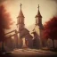 Placeholder: an abstract painting of a small town with orthodox church, textured, highly detailed