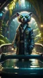 Placeholder: photo model of blessed furry hairy pimp rocker priest alien seal on boat bridge over water slide in dark lit reflective wet jungle metallic hall dome hotel tunnel, in the style of fallout 4 game,bokeh like f/0.8, tilt-shift lens 8k, high detail, smooth render, down-light, unreal engine, prize winning