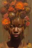 Placeholder: an abstract painting of rusted metal and flowers, african portrait, rust, scaffolding, iron cladding, decay, mixed media, textured, anatomically correct, beautiful perfect face, sharp focus, highly detailed