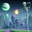 Placeholder: The Grim Reaper and the Skeleton on bubble world, discussing the future of the universe, art by Magritte and Pixar