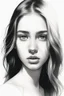 Placeholder: A realistic drawing in negative space black ink on white background of a beautiful front view of a young girl with clear white face, all picture is bright white. With long hair